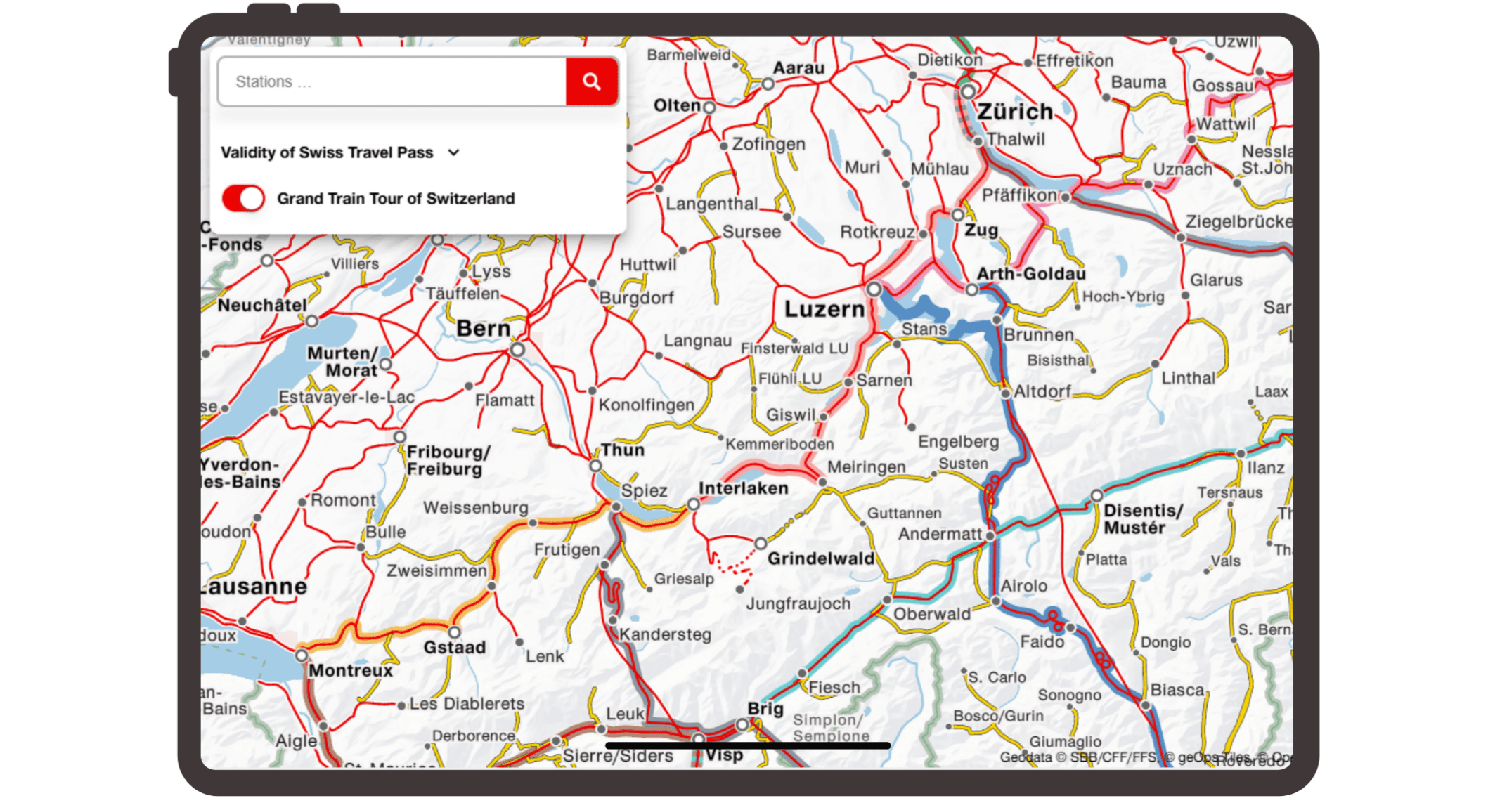 Map showing Grand Train Tour and direct connections from Europe